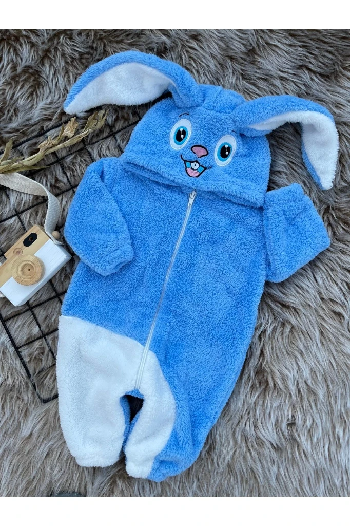 Wellsoft Peluş Unisex Fermuarlı Kışlık Tavşan Bebek Uyku Tulumu - MAVİ-BEYAZ
