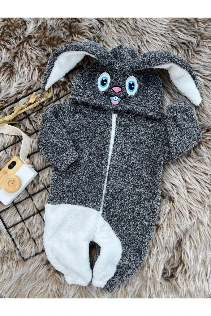 Wellsoft Peluş Unisex Fermuarlı Kışlık Tavşan Bebek Uyku Tulumu - KIRÇILLI GRİ-BEYAZ