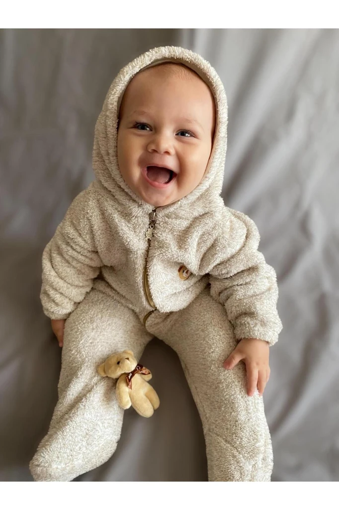 Wellsoft Peluş Unisex Fermuarlı Patikli Kışlık Bebek Uyku Tulumu Çocuk Tulumu Çocuk Kostümü - KIRÇILLI KAHVE