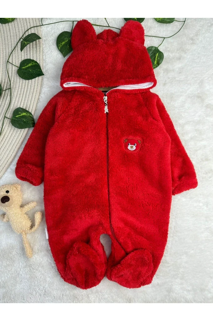 Wellsoft Peluş Unisex Fermuarlı Patikli Kışlık Bebek Uyku Tulumu Çocuk Tulumu Çocuk Kostümü - KIRMIZI