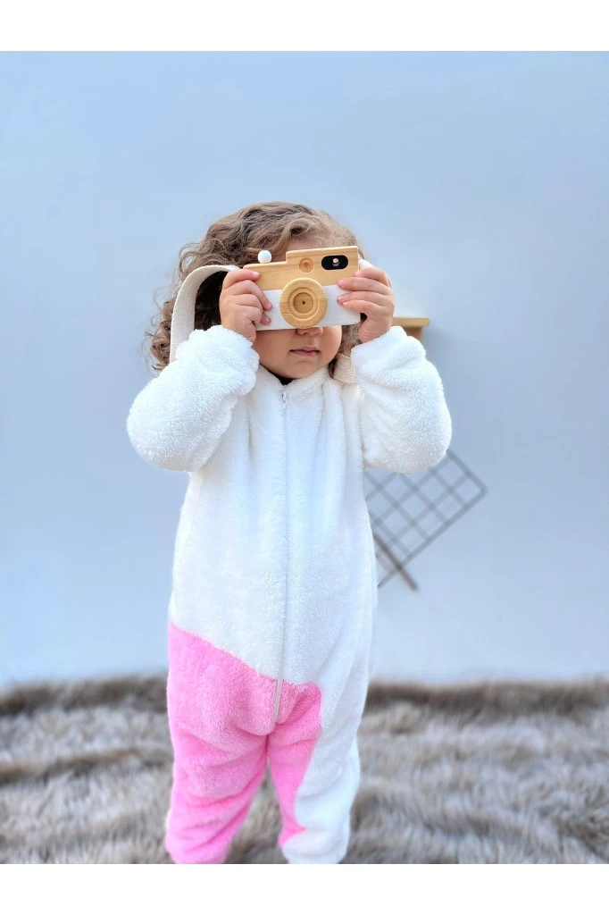 Welsoft Peluş Fermuarlı Kışlık Tavşan Kız Bebek Uyku Tulumu - BEYAZ-PEMBE