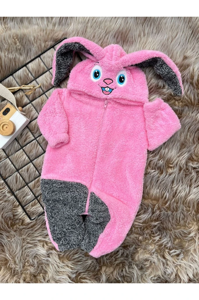 Welsoft Peluş Fermuarlı Kışlık Tavşan Kız Bebek Uyku Tulumu - PEMBE-KIRÇILLI GRİ