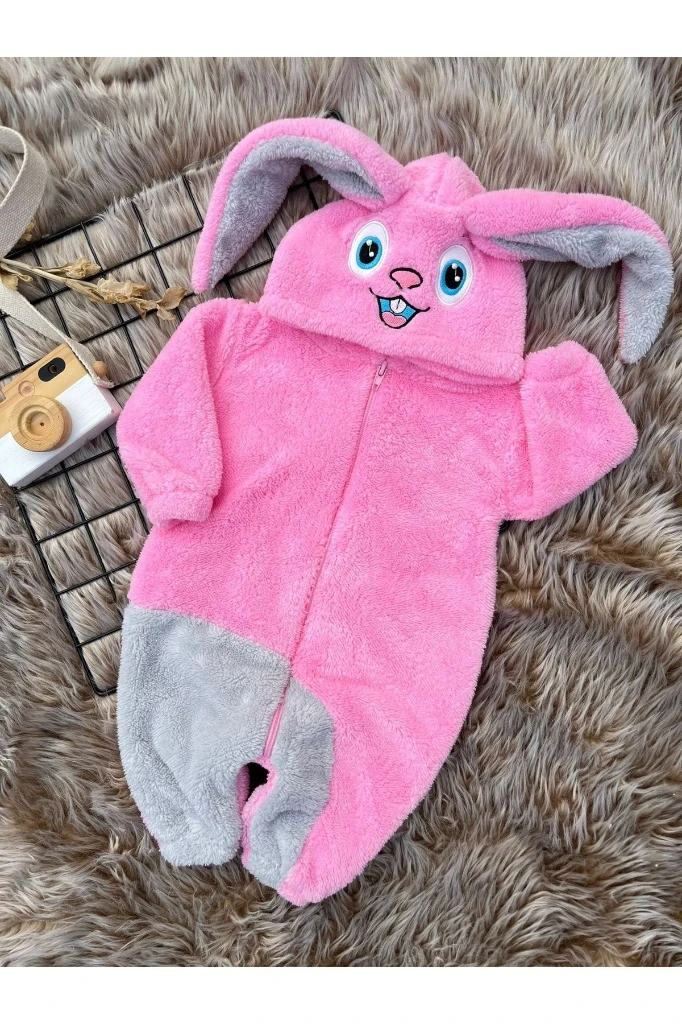 Welsoft Peluş Fermuarlı Kışlık Tavşan Kız Bebek Uyku Tulumu - PEMBE-GRİ