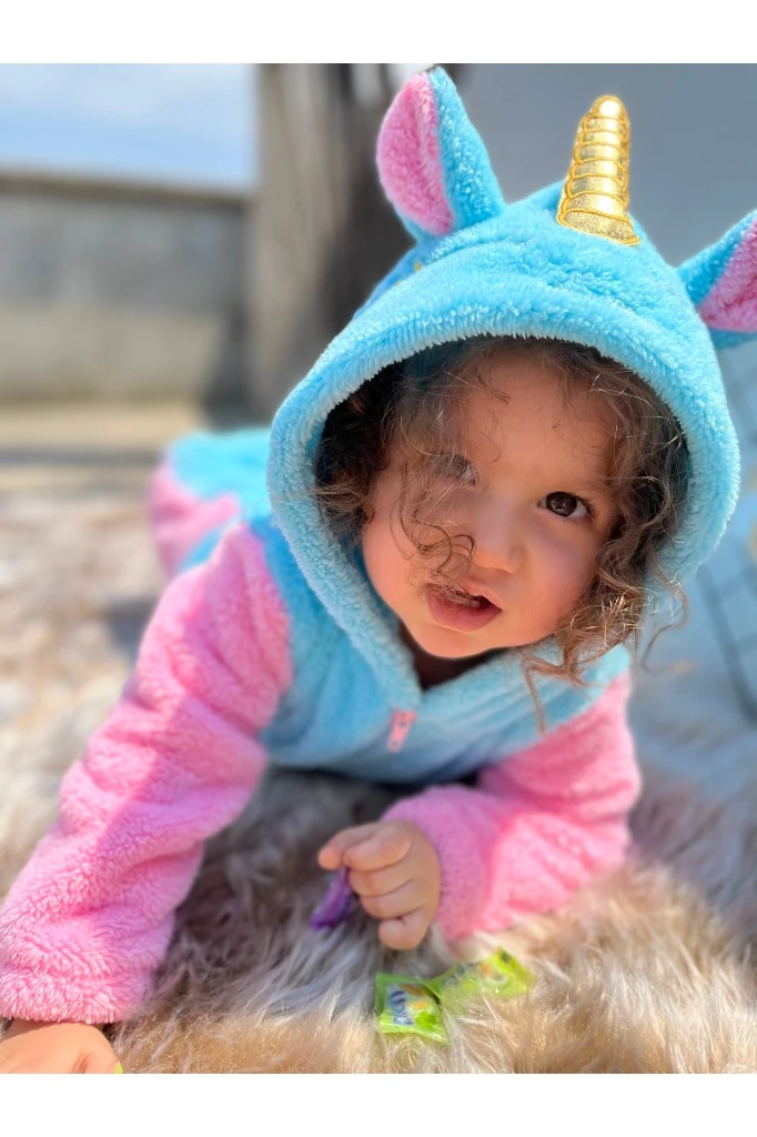 Welsoft Peluş Fermuarlı Kışlık Unicorn Kız Bebek Uyku Tulumu - TURKUAZ-PEMBE