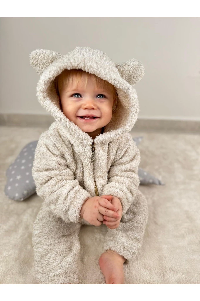 Welsoft Peluş Unisex Fermuarlı Kışlık Bebek Uyku Tulumu Bebek Tulumu Çocuk Tulumu - KIRÇILLI KAHVE