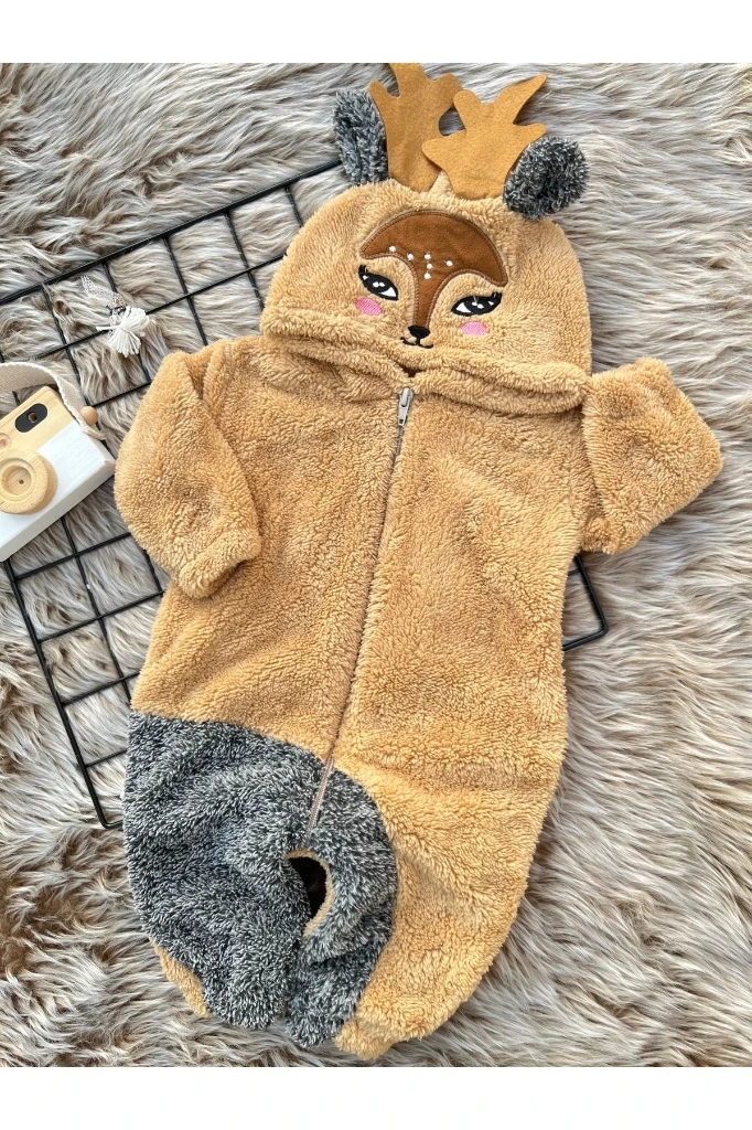 Welsoft Peluş Unisex Fermuarlı Kışlık Geyik Bebek Uyku Tulumu - KAHVERENGİ-KIRÇILLI GRİ