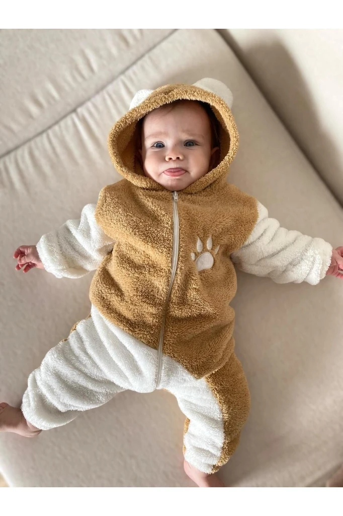 Welsoft Peluş Unisex Fermuarlı Kışlık Panda Bebek Uyku Tulumu - KAHVERENGİ-BEYAZ