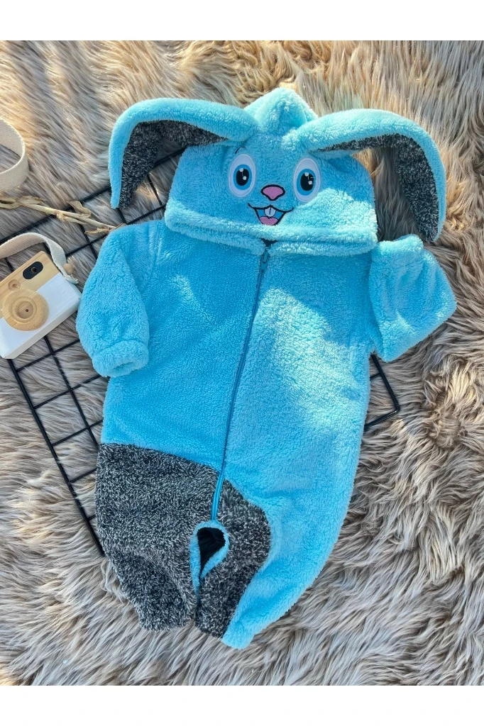 Welsoft Peluş Unisex Fermuarlı Kışlık Tavşan Bebek Uyku Tulumu - TURKUAZ-KIRÇILLI GRİ