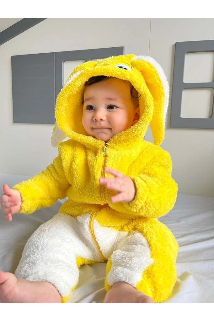 Welsoft Peluş Unisex Fermuarlı Kışlık Tavşan Bebek Uyku Tulumu - SARI-BEYAZ
