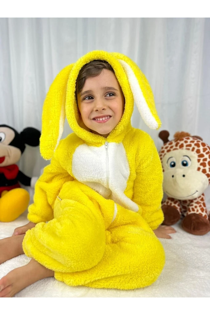 Welsoft Peluş Unisex Fermuarlı Kışlık Tavşan Çocuk Uyku Tulumu - SARI-BEYAZ