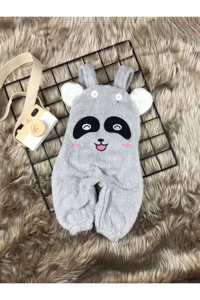 Welsoft Peluş Unisex Panda Salopet Bebek Tulum - GRİ