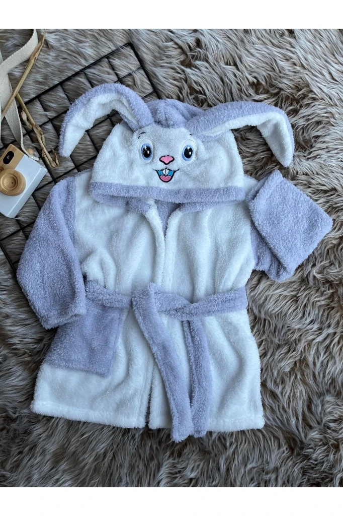 Welsoft Unisex Tavşan Bebek-Çocuk Sabahlık Bornoz - GRİ