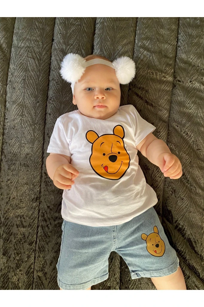 Winnie Pooh Baskılı Kot Şortlu Premium Unisex İkili Takım - SARI
