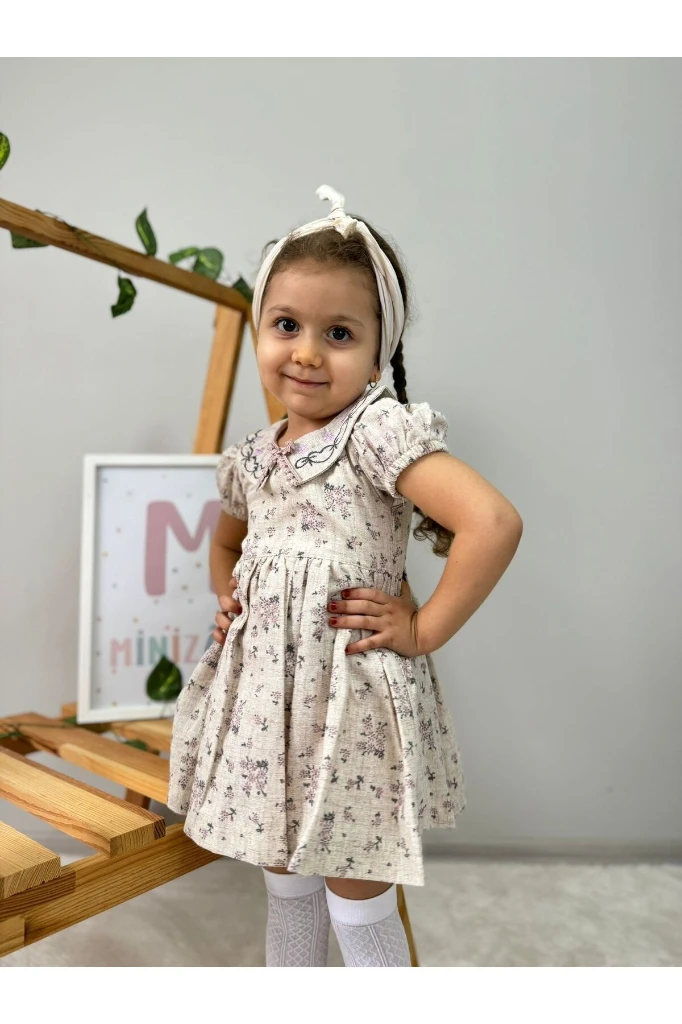Yakalı Çiçekli Keten Kız Bebek/Çocuk Elbise - LİLA