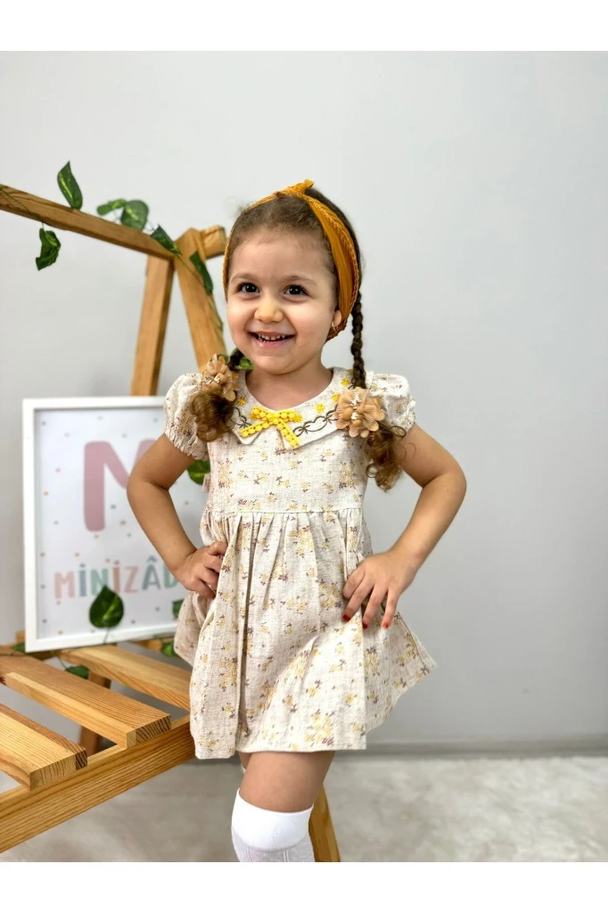 Yakalı Çiçekli Keten Kız Bebek/Çocuk Elbise - SARI