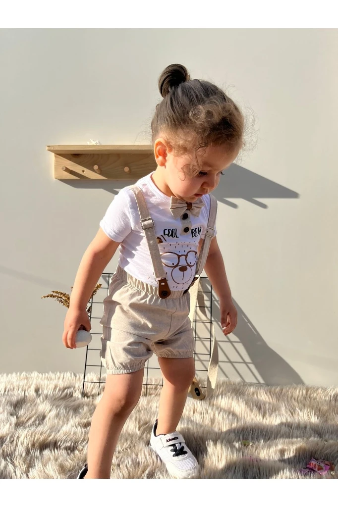 Yazlık Cool Bear Baskılı Papyonlu Askılı Şortlu 2'li Bebek Takımı - KAHVERENGİ