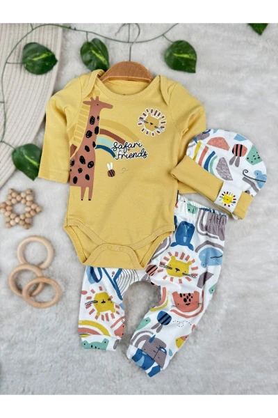 %100 Pamuk Mevsimlik Safari Friends Badili Şapkalı Takım 3'lü Set - HARDAL