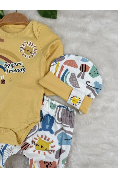 %100 Pamuk Mevsimlik Safari Friends Badili Şapkalı Takım 3'lü Set - HARDAL
