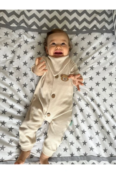 %100 Pamuk Unisex Bebek Tulum + Önlük&fular - KREM