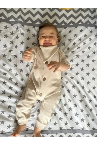 %100 Pamuk Unisex Bebek Tulum + Önlük&fular - KREM