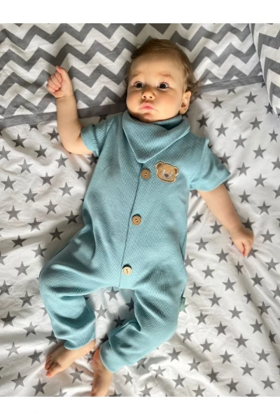 %100 Pamuk Unisex Bebek Tulum + Önlük&fular - BUZ MAVİSİ