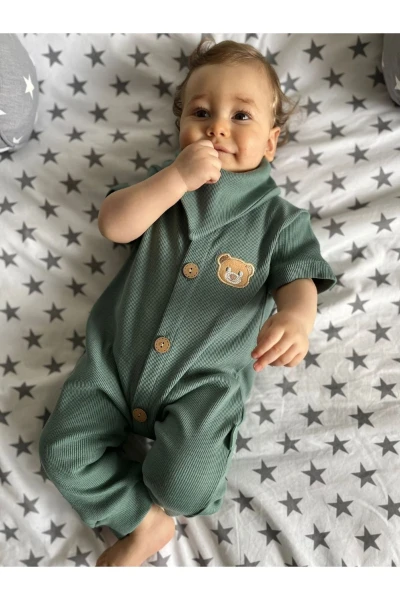 %100 Pamuk Unisex Bebek Tulum + Önlük&fular - PETROL YEŞİLİ