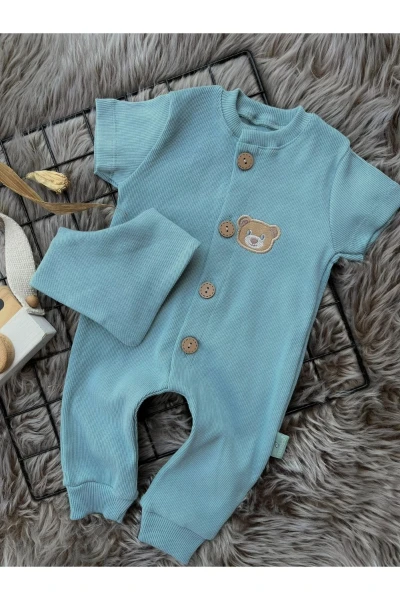 %100 Pamuk Unisex Bebek Tulum + Önlük&fular - BUZ MAVİSİ
