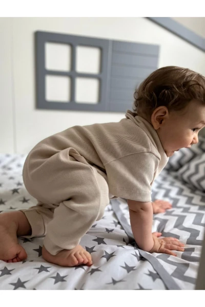 %100 Pamuk Unisex Bebek Tulum + Önlük&fular - KREM