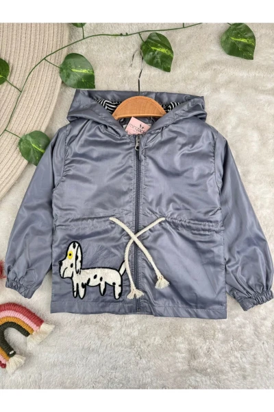1/4 Yaş Köpek Nakışlı Erkek Bebek/Çocuk Yağmurluk - GRİ