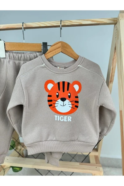 3 İp Kışlık Tiger Baskılı Erkek Bebek/Çocuk İkili Takım - VİZON