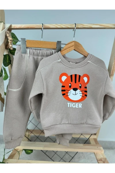 3 İp Kışlık Tiger Baskılı Erkek Bebek/Çocuk İkili Takım - VİZON