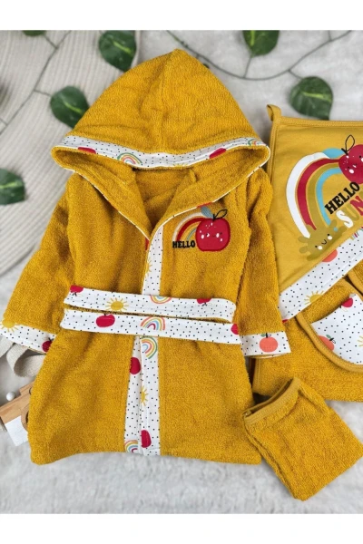 4 Parça %100 Pamuk Bebek Bornoz Takımı - HARDAL
