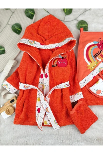 4 Parça %100 Pamuk Bebek Bornoz Takımı - TURUNCU