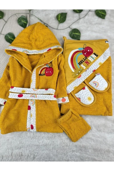 4 Parça %100 Pamuk Bebek Bornoz Takımı - HARDAL