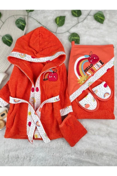 4 Parça %100 Pamuk Bebek Bornoz Takımı - TURUNCU