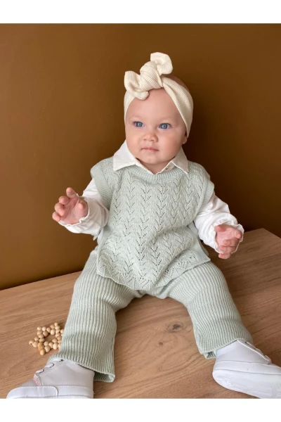 Amelia Süveterli Gömlekli 3'lü Triko Premium Kız Bebek Takım - YEŞİL