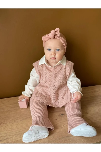 Amelia Süveterli Gömlekli 3'lü Triko Premium Kız Bebek Takım - GÜL KURUSU