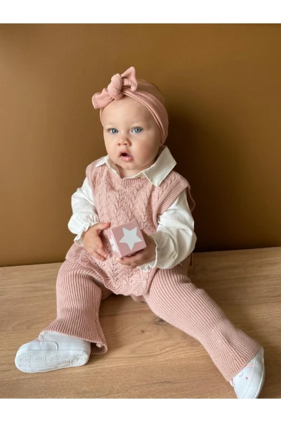 Amelia Süveterli Gömlekli 3'lü Triko Premium Kız Bebek Takım - GÜL KURUSU