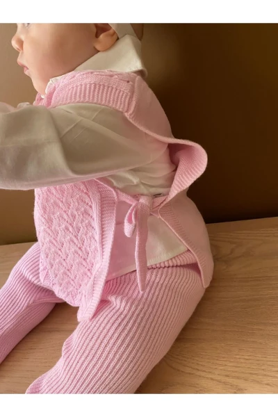 Amelia Süveterli Gömlekli 3'lü Triko Premium Kız Bebek Takım - PEMBE