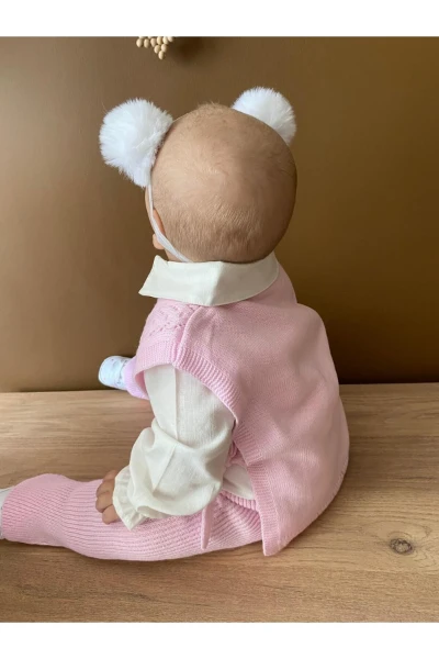 Amelia Süveterli Gömlekli 3'lü Triko Premium Kız Bebek Takım - PEMBE