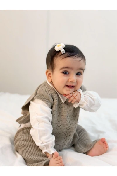 Amelia Süveterli Gömlekli 3'lü Triko Premium Kız Bebek Takım - GRİ