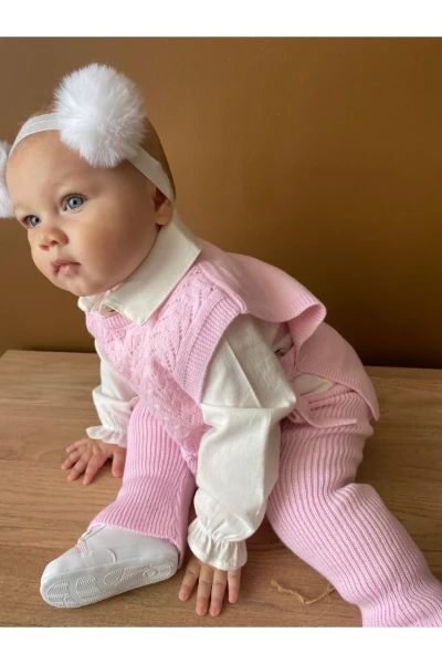 Amelia Süveterli Gömlekli 3'lü Triko Premium Kız Bebek Takım - PEMBE
