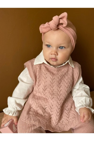 Amelia Süveterli Gömlekli 3'lü Triko Premium Kız Bebek Takım - GÜL KURUSU