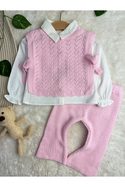 Amelia Süveterli Gömlekli 3'lü Triko Premium Kız Bebek Takım - PEMBE