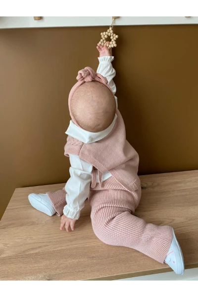 Amelia Süveterli Gömlekli 3'lü Triko Premium Kız Bebek Takım - GÜL KURUSU