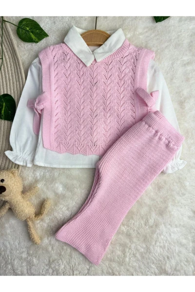 Amelia Süveterli Gömlekli 3'lü Triko Premium Kız Bebek Takım - PEMBE