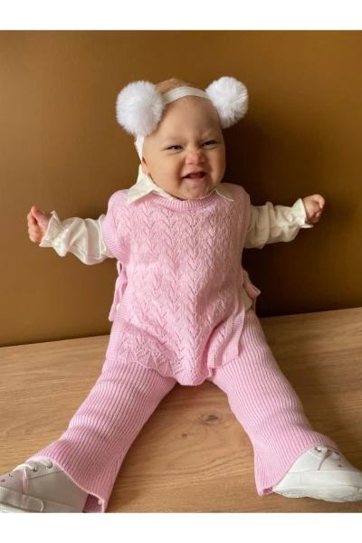 Amelia Süveterli Gömlekli 3'lü Triko Premium Kız Bebek Takım - PEMBE
