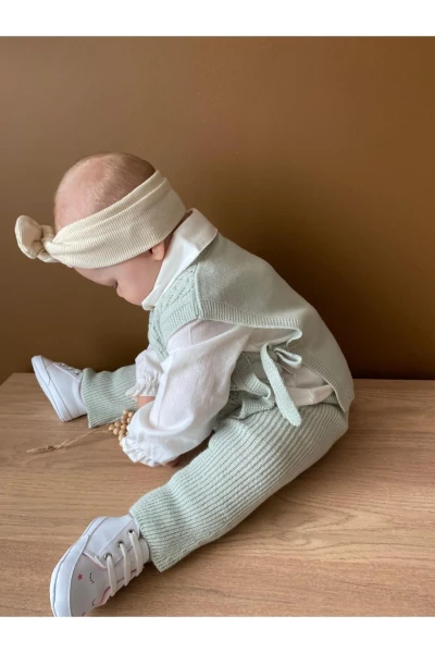 Amelia Süveterli Gömlekli 3'lü Triko Premium Kız Bebek Takım - YEŞİL