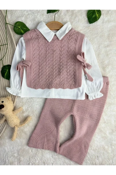 Amelia Süveterli Gömlekli 3'lü Triko Premium Kız Bebek Takım - GÜL KURUSU