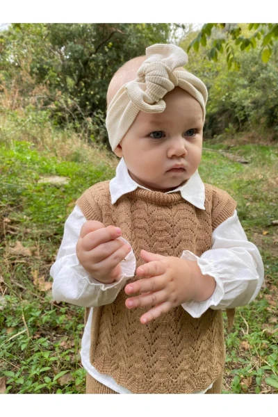 Amelia Süveterli Gömlekli 3'lü Triko Premium Kız Bebek Takım - KAHVERENGİ